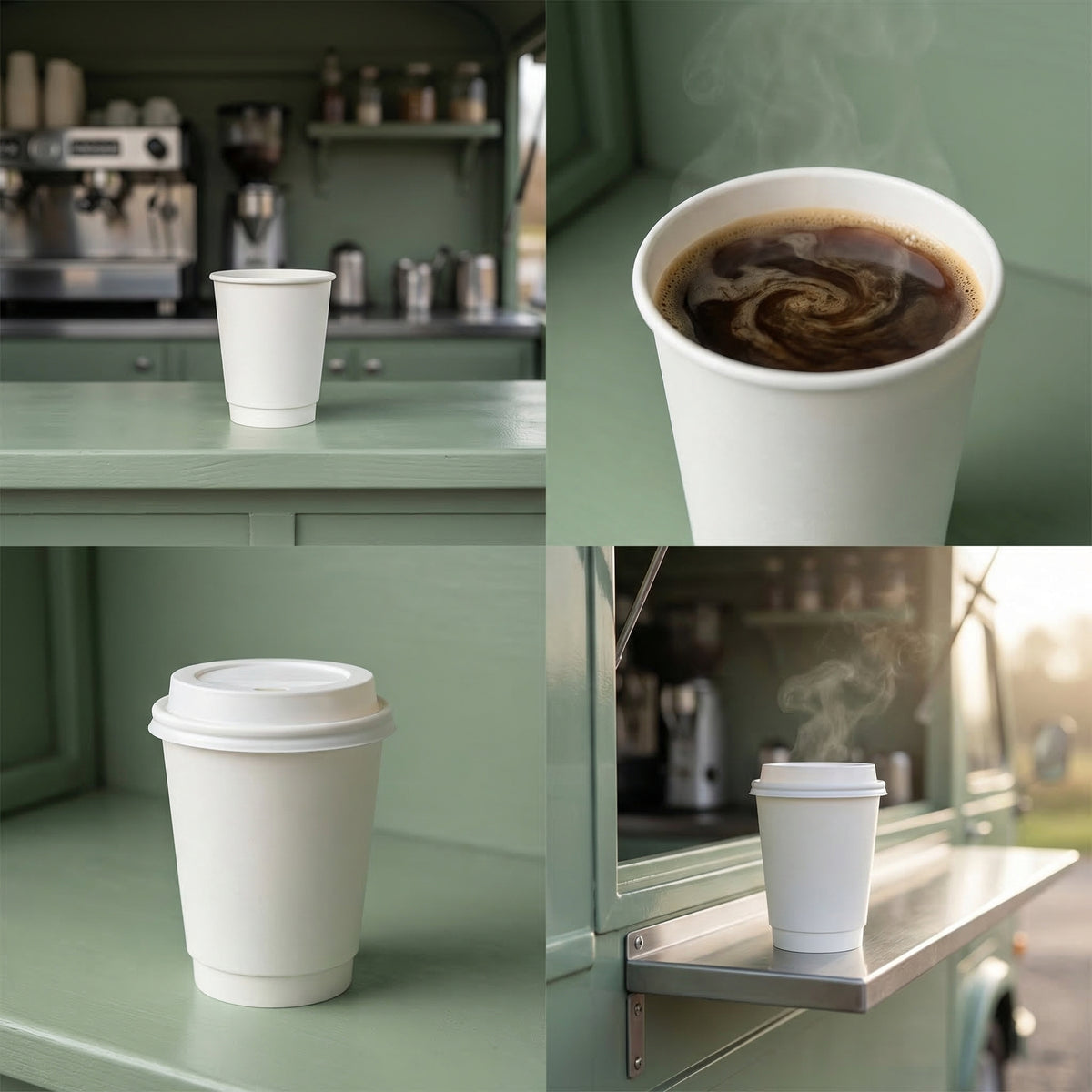 Four-panel collage: white 8oz cup on café counter, steaming coffee top-down, lidded on sage shelf, and lidded on coffee van