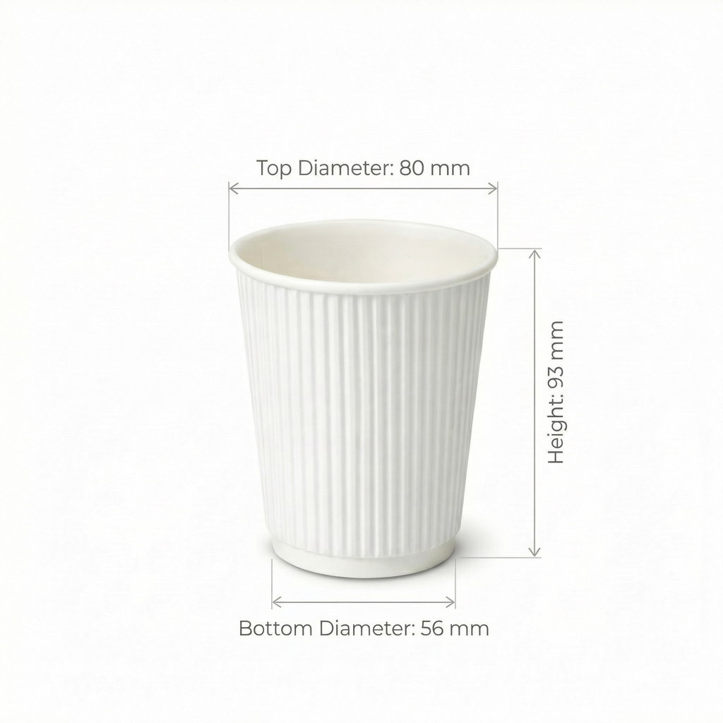 Dimensions diagram for the 8oz White Ripple Wall Paper Cup: 80 mm top diameter, 56 mm base, 93 mm height
