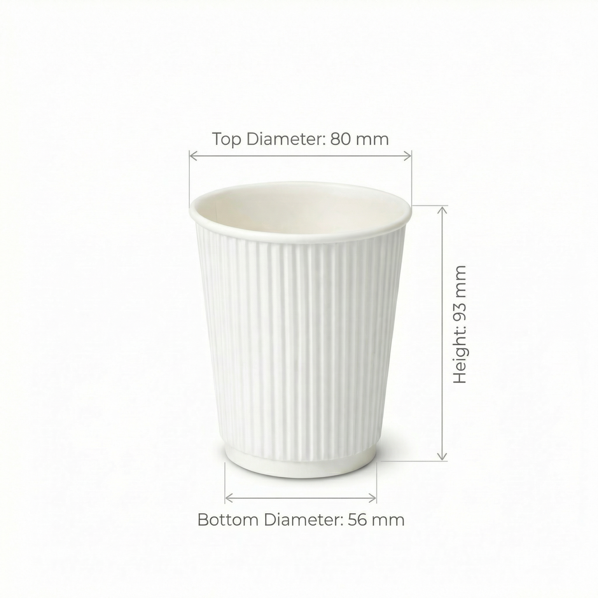 Dimensions diagram for the 8oz White Ripple Wall Paper Cup: 80 mm top diameter, 56 mm base, 93 mm height