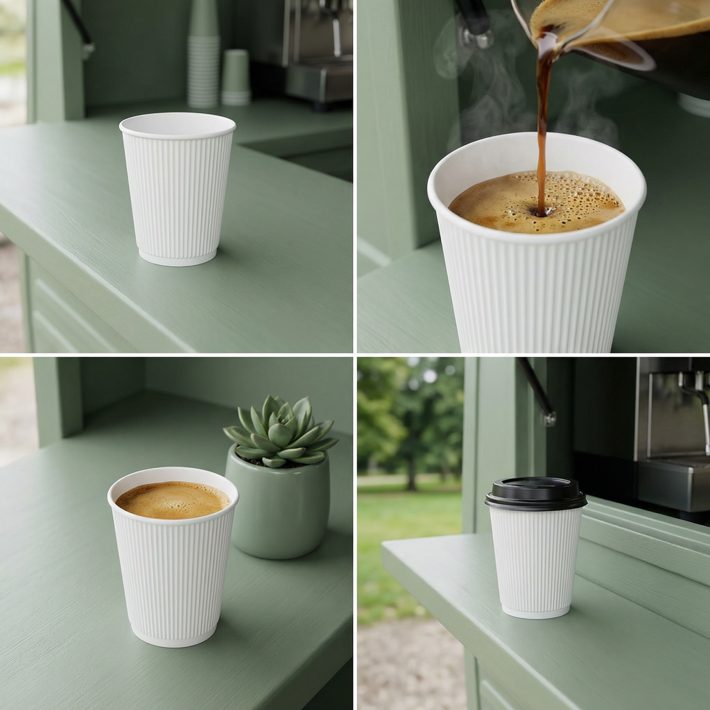 Four-panel collage: empty cup on café van counter, coffee poured steaming, cup with succulent, lidded on van