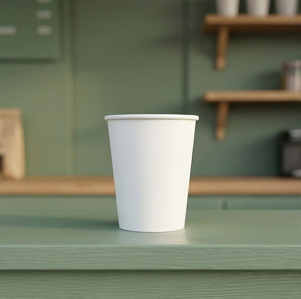 Empty white 8oz paper cup on a sage green café counter with wooden shelving and takeaway cups softly blurred behind