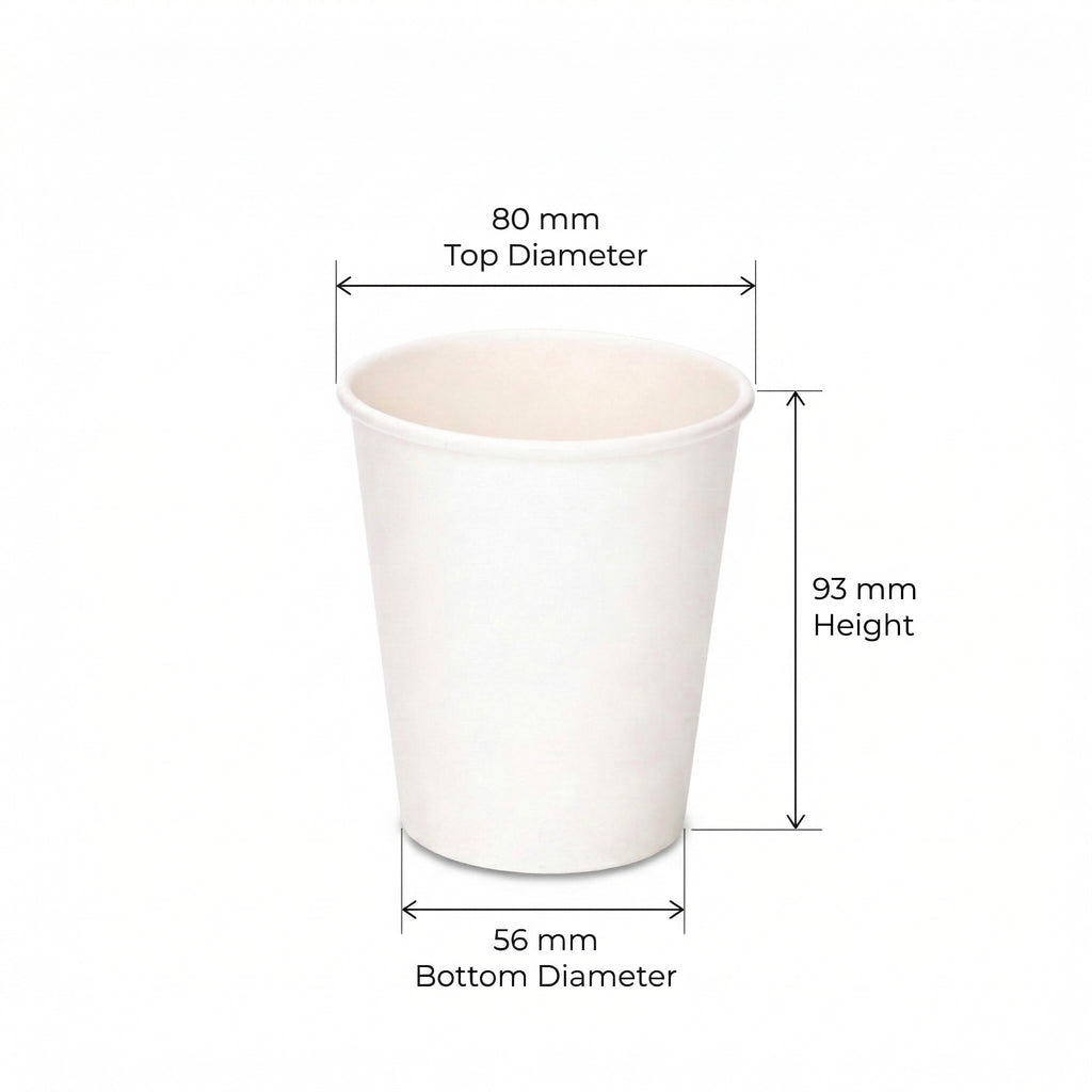 Dimensions diagram for the 8oz White Single Wall Paper Cup: 80 mm top diameter, 56 mm base, 93 mm height