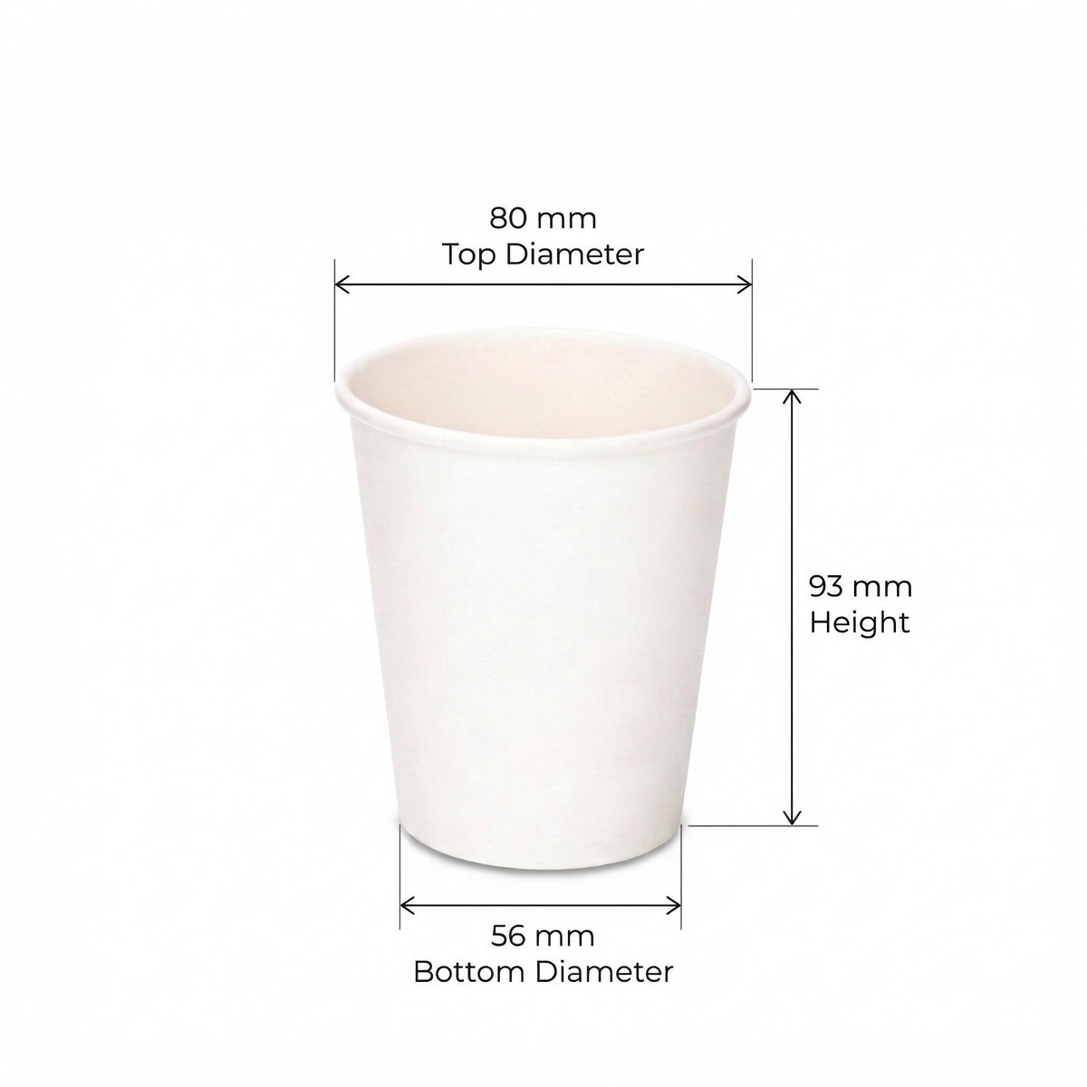 Dimensions diagram for the 8oz White Single Wall Paper Cup: 80 mm top diameter, 56 mm base, 93 mm height