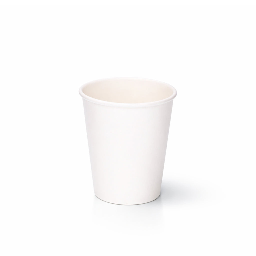 8oz White Single Wall Paper Cup centred on a plain white background, subtle shadow beneath showing the full tapered body