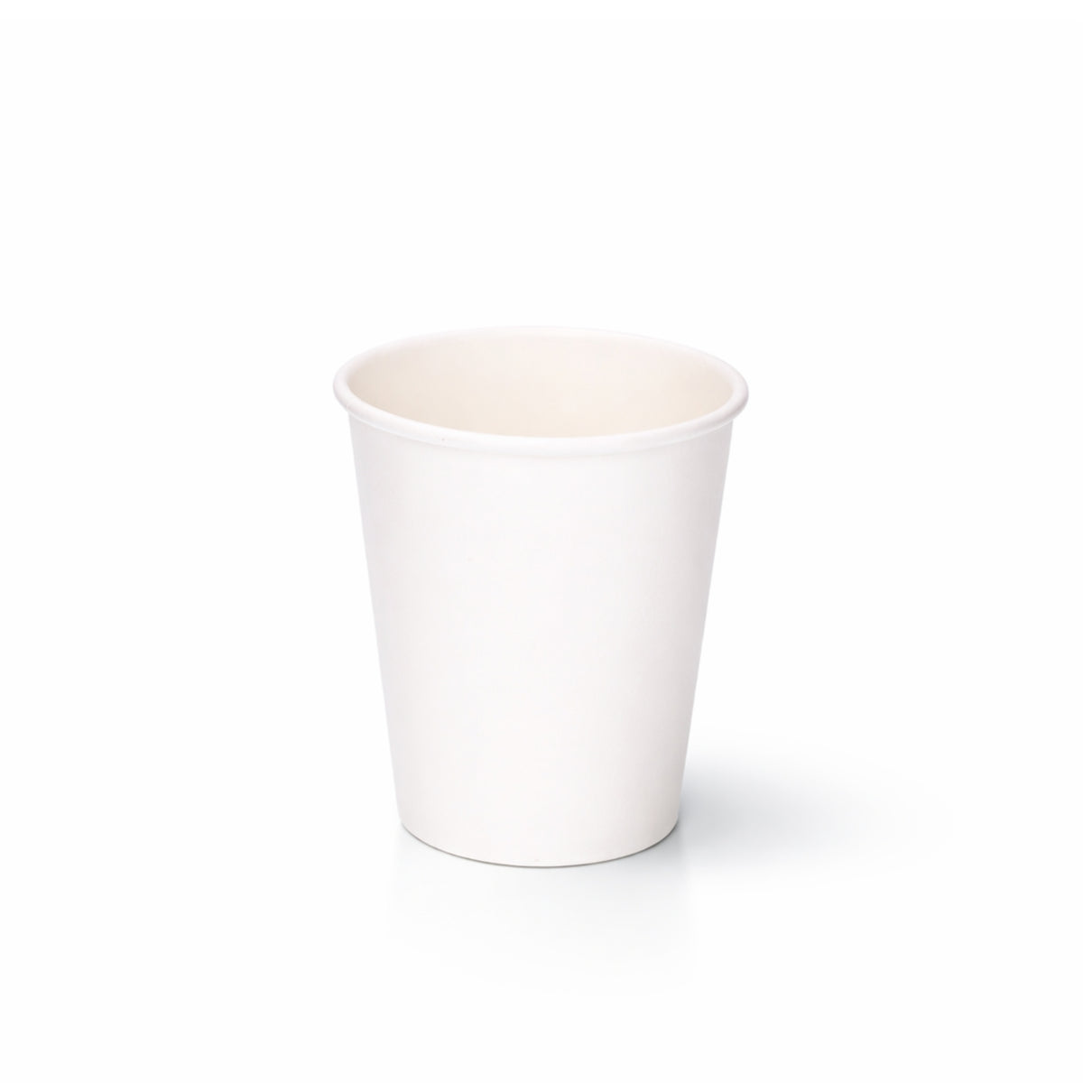 8oz White Single Wall Paper Cup centred on a plain white background, subtle shadow beneath showing the full tapered body