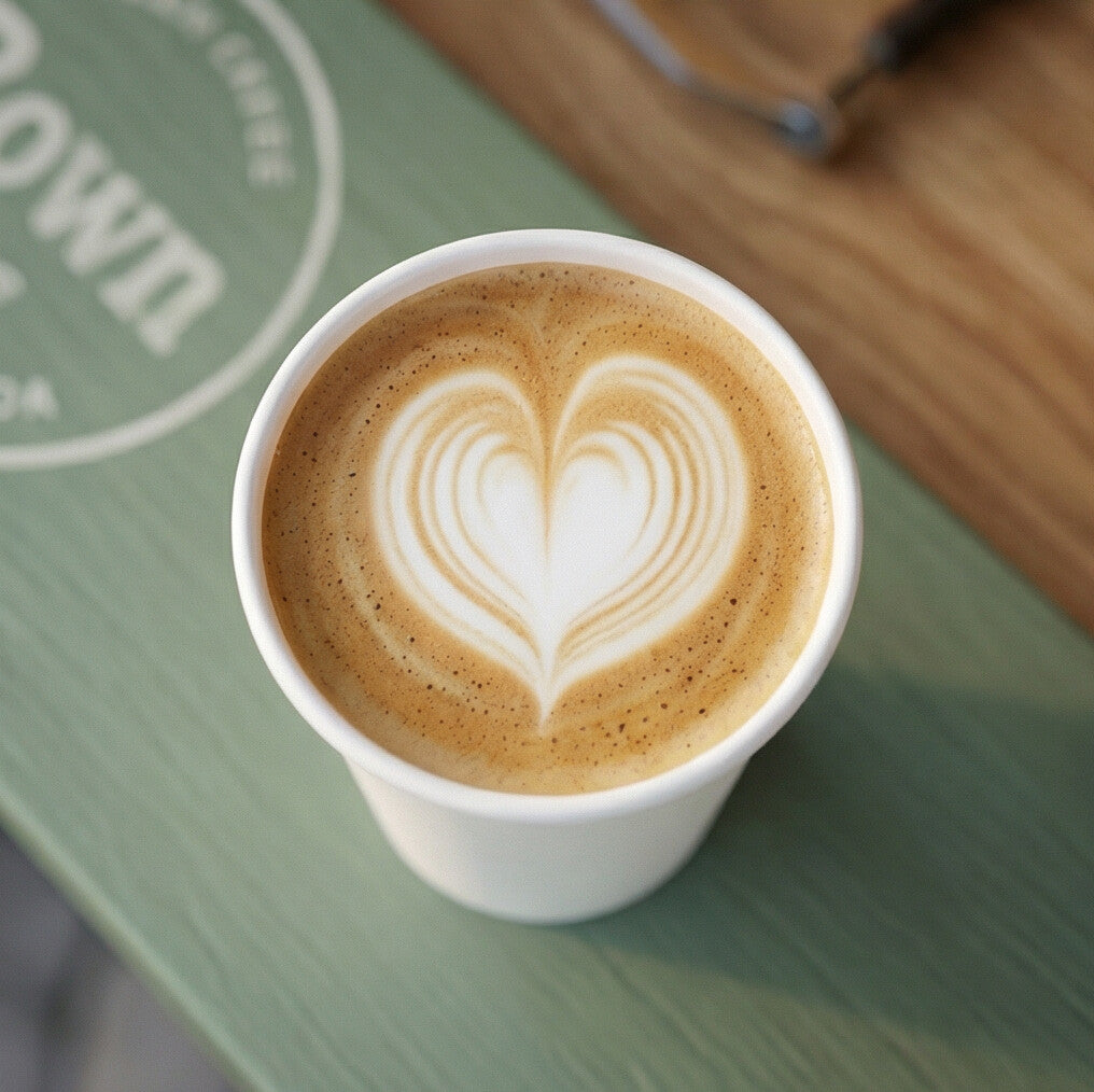 Overhead close-up of a white paper cup with heart latte art on a sage green café table