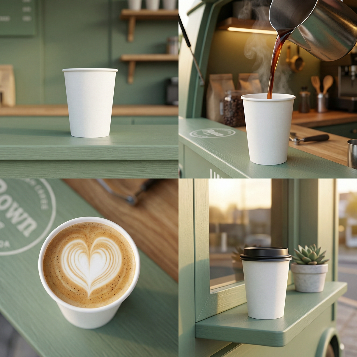 Four-panel collage of a white paper cup: on a van counter, being filled, latte art overhead, and lidded on a coffee van shelf