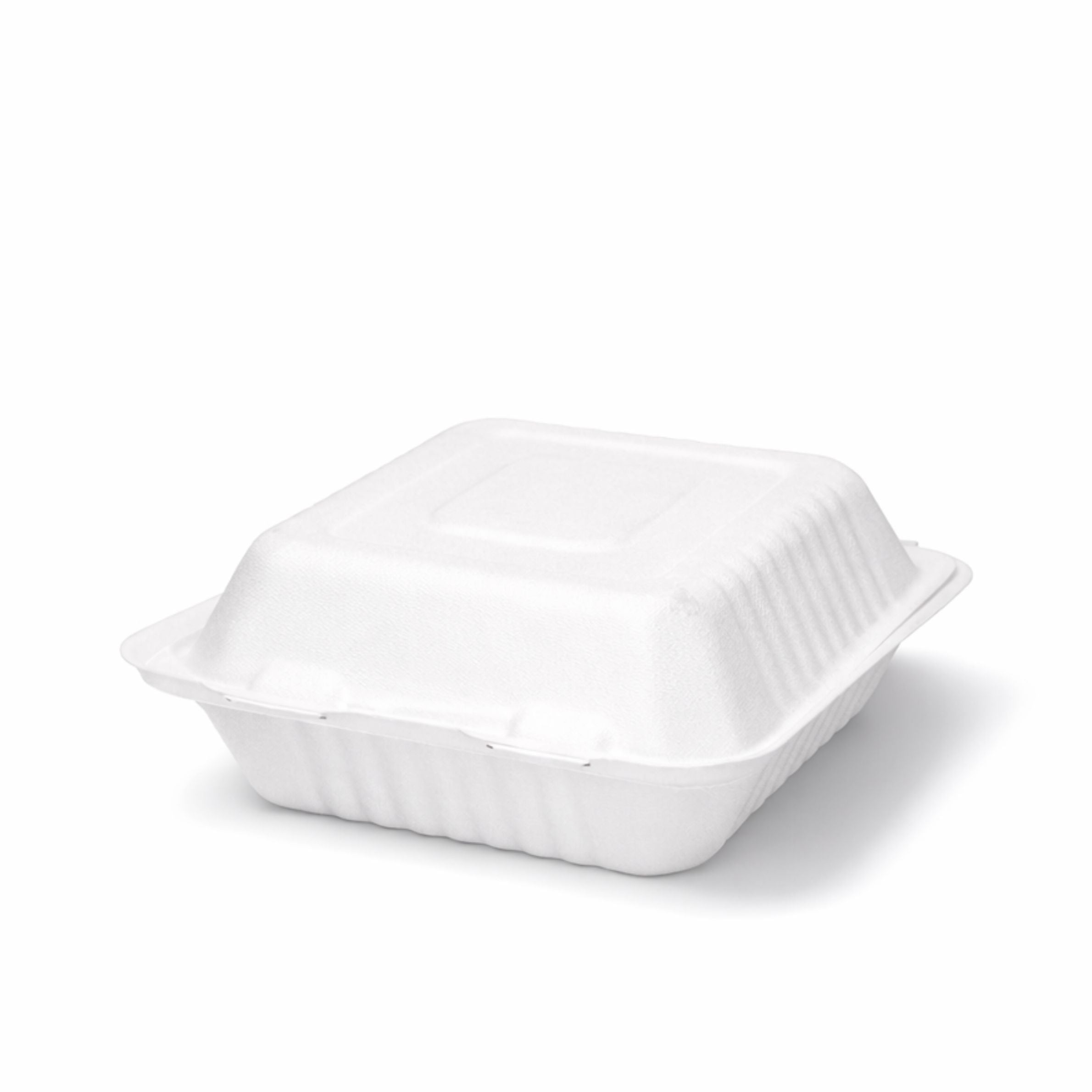 8" Bagasse 3 Compartment Square Clamshell Boxes