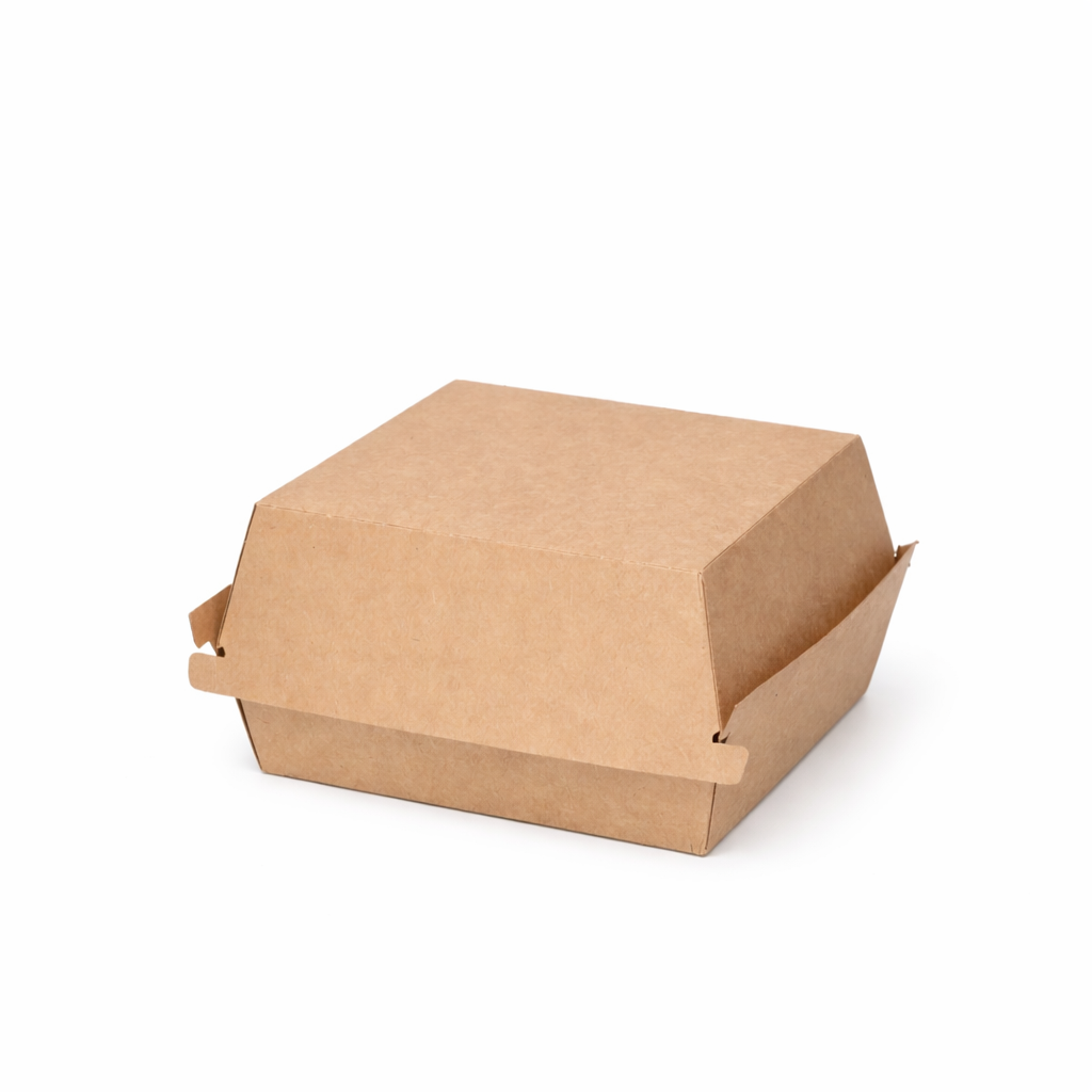  Medium kraft burger box closed, three-quarter angle view showing lid fully raised and interior of natural kraft paper construction on white background