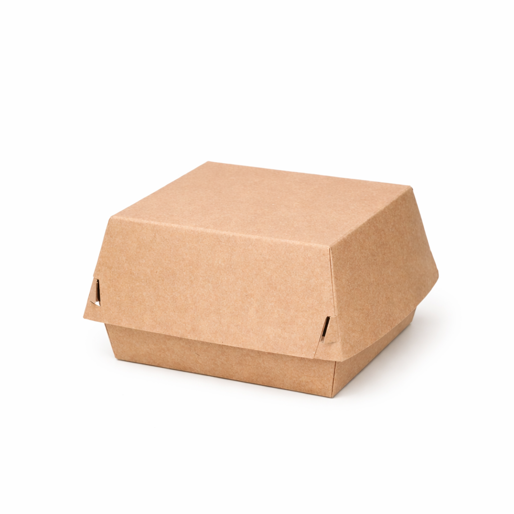 Large kraft burger box closed, straight front view showing natural kraft paper construction and locking tab closure on white background