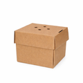 Small gourmet burger box closed, three-quarter angle view showing natural kraft brown corrugated construction with separate vented lid on white background