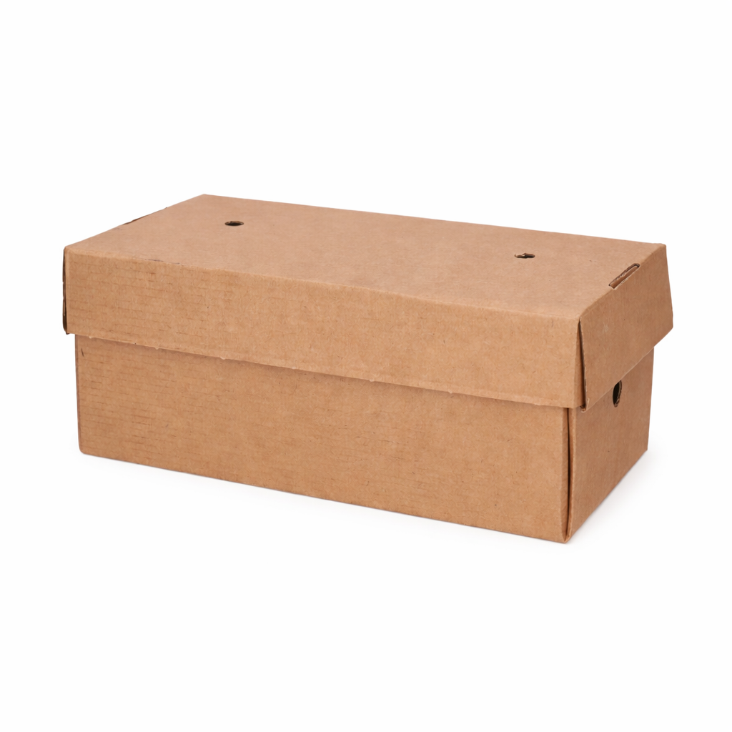 Large gourmet burger box closed, three-quarter angle view showing natural kraft brown corrugated construction with separate vented lid on white background
