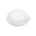Clear PP soup bowl lid 140mm shown at a three-quarter angle, highlighting the low domed top, stepped panels and grip pull tab.
