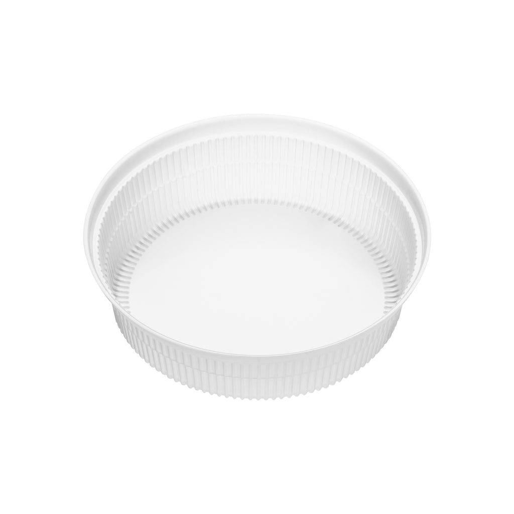 Clear ribbed PP soup bowl insert shown at a three-quarter angle, revealing the fluted interior and rolled rim.