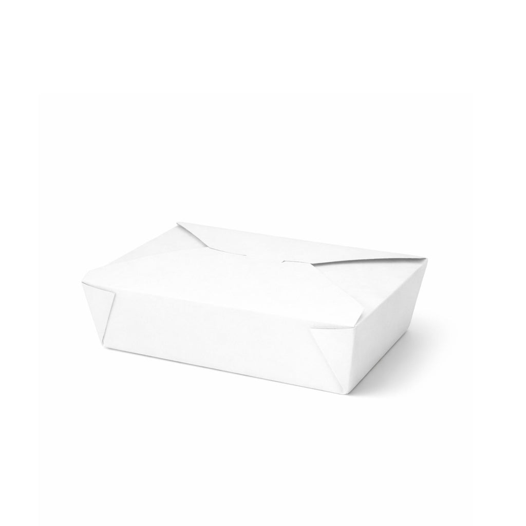 White paper takeaway food container No. 2, closed three-quarter angle view showing fold-over flap and clean white finish on white background