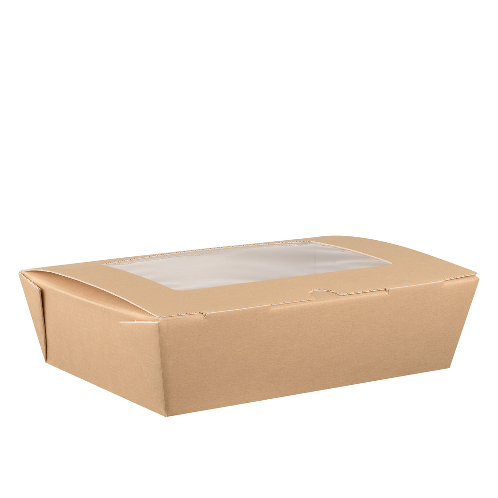 Straight front view of kraft corrugated window hinged food box 1000ml closed, showing front face with clear window and latch