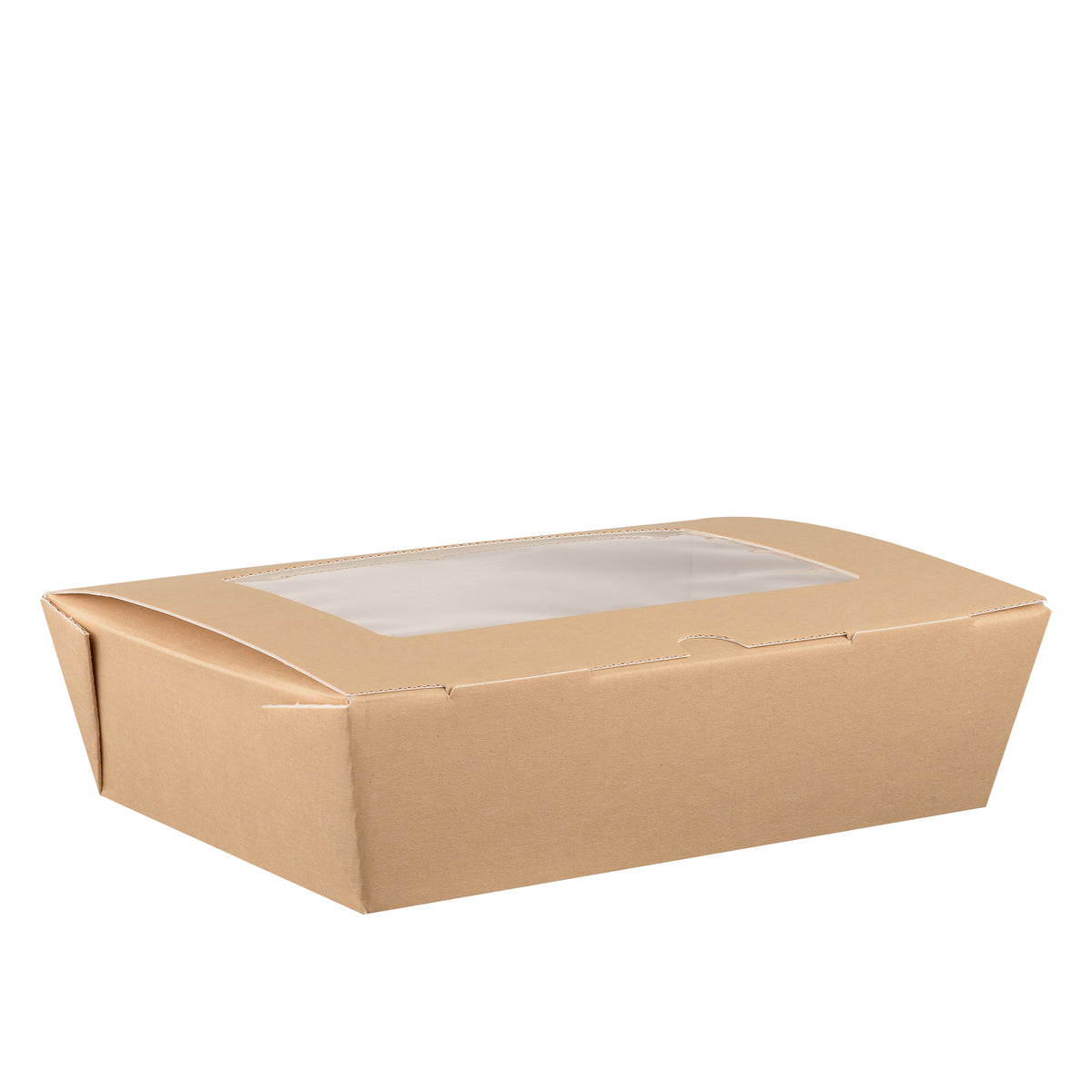 Straight front view of kraft corrugated window hinged food box 1000ml closed, showing front face with clear window and latch