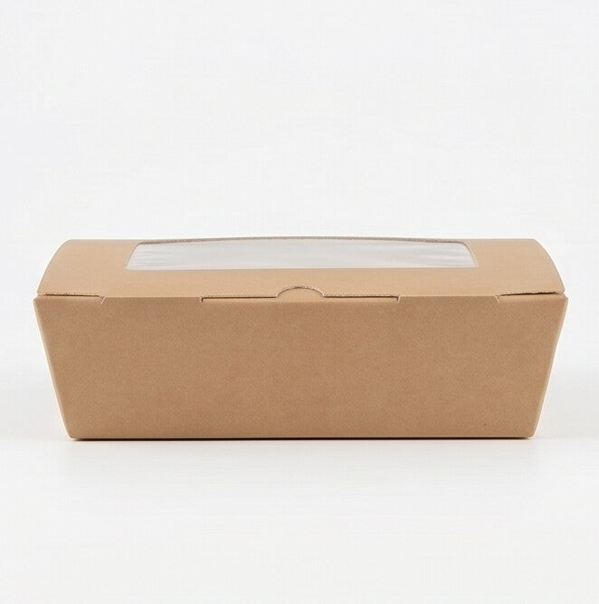 Straight front view of kraft corrugated window hinged food box 1000ml closed, showing front face with clear window and latch