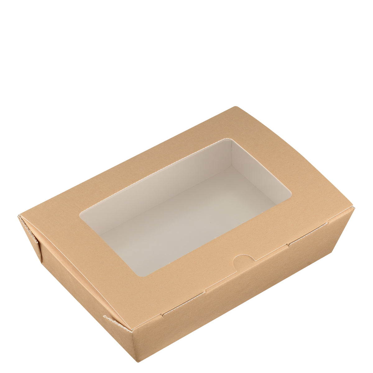 Kraft corrugated window hinged food box 1000ml closed, angled perspective view showing window lid and corrugated sides on white background