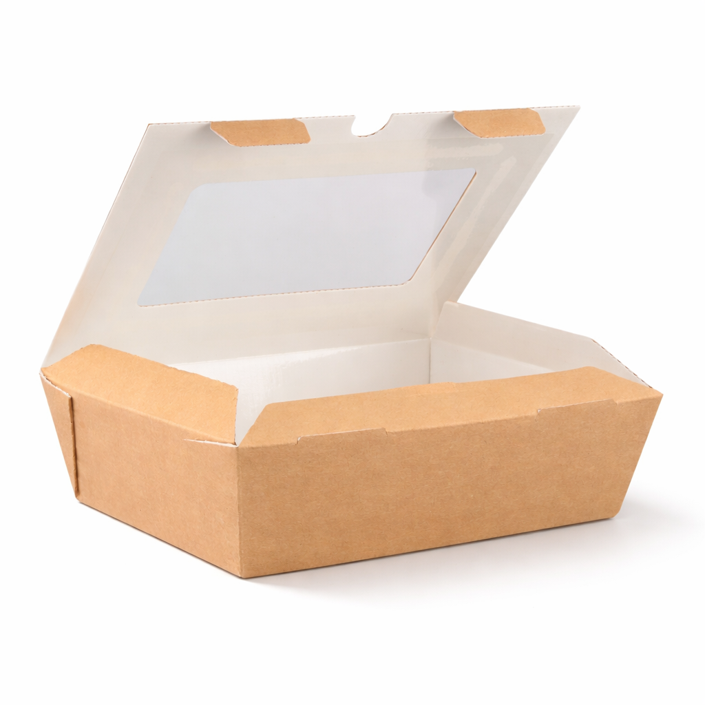 Kraft corrugated window hinged food box 1000ml open at 45 degrees, angled view showing white interior and clear window lid
