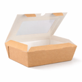 Kraft corrugated window hinged food box 1000ml open at 45 degrees, angled view showing white interior and clear window lid
