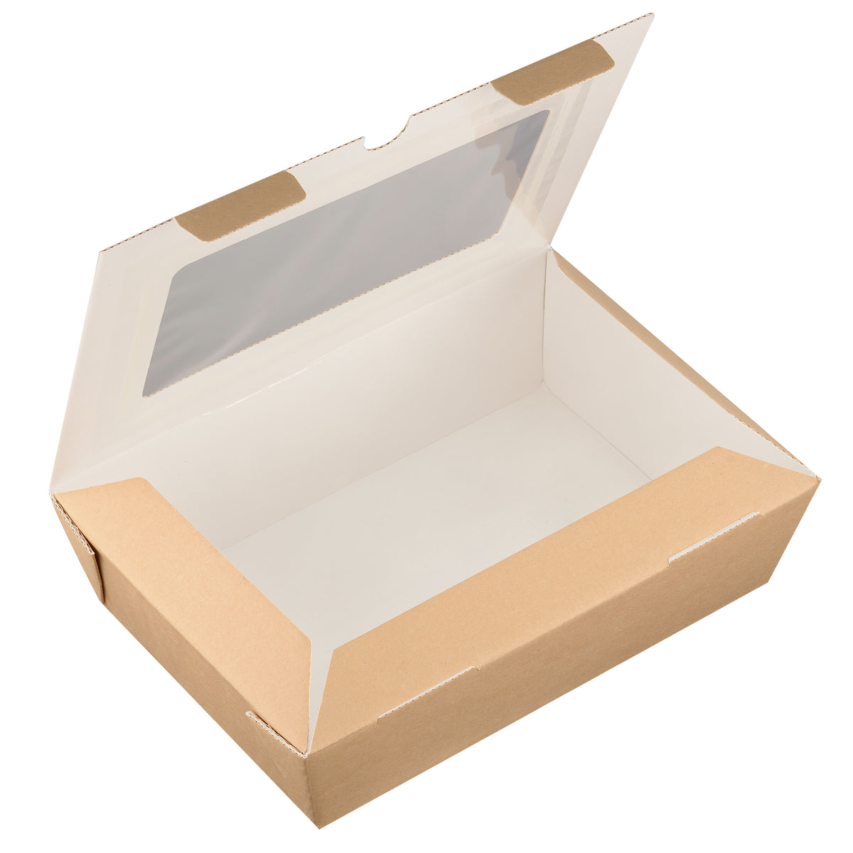 Kraft corrugated window hinged food box 1000ml open, angled interior view showing white food-safe lining and window lid