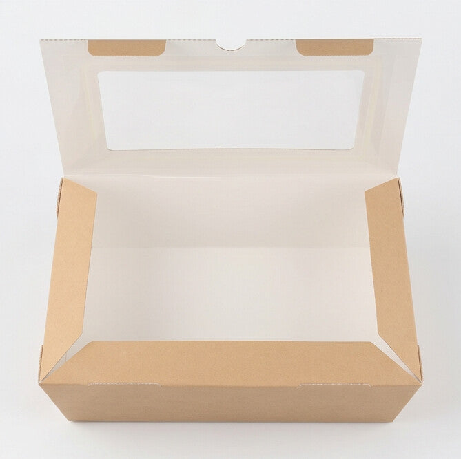 Front view of kraft corrugated window hinged food box 1000ml fully open, showing white interior and clear window panel standing upright