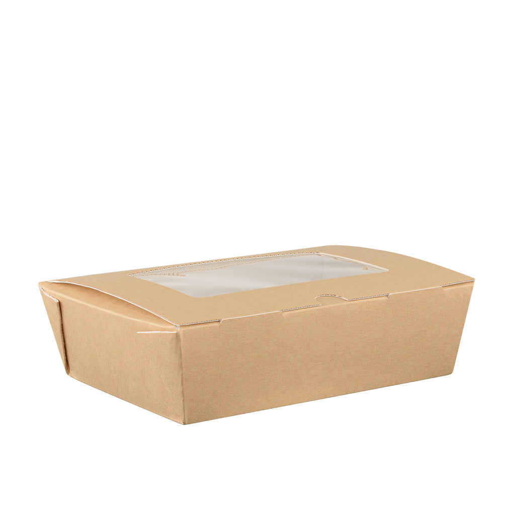 Kraft corrugated window hinged food box 650ml closed, angled perspective view showing window lid and corrugated sides