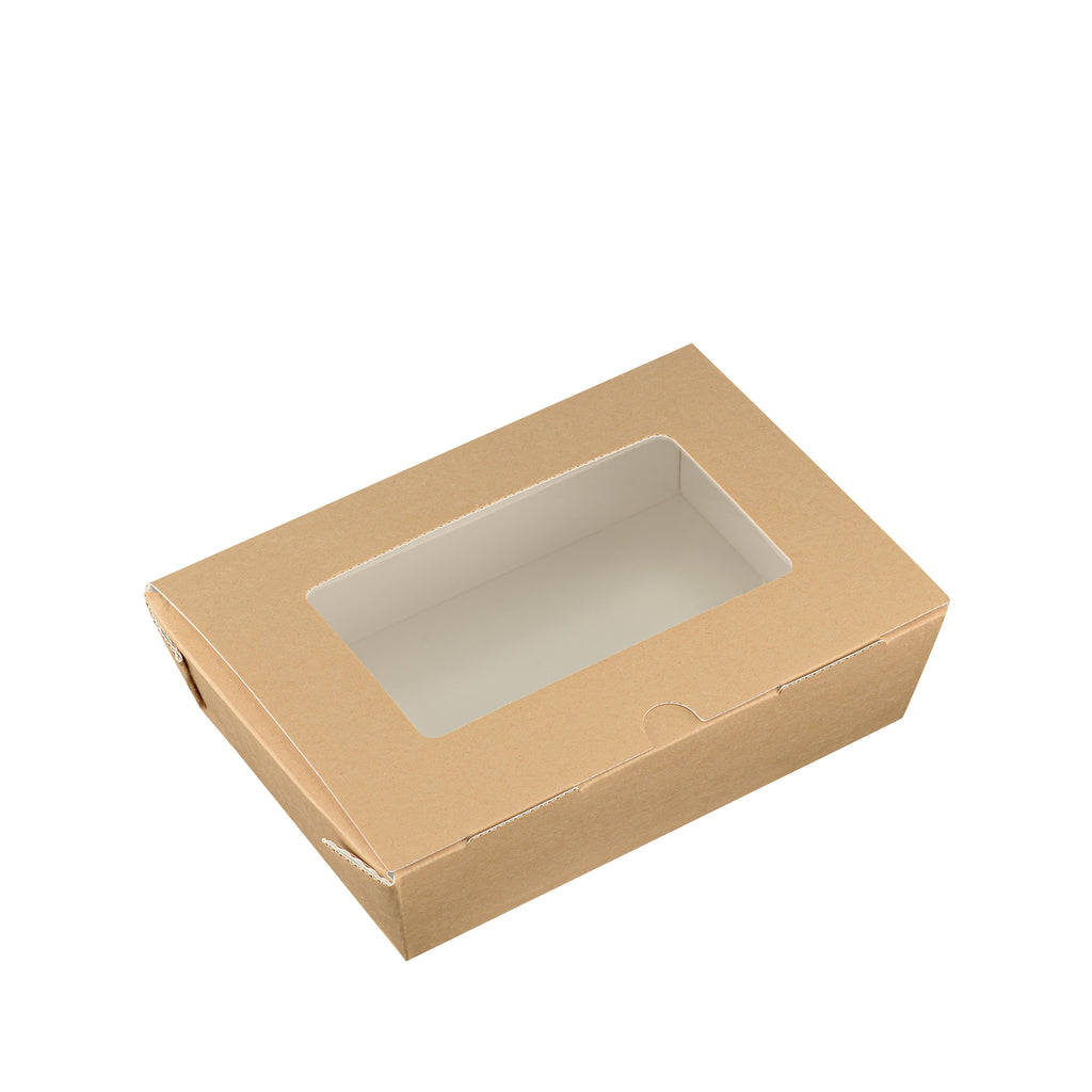 Kraft corrugated window hinged food box 650ml closed, front angle view highlighting clear window and kraft texture