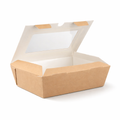 Kraft corrugated window hinged food box 650ml, closed front view showing clear window on lid, on white background