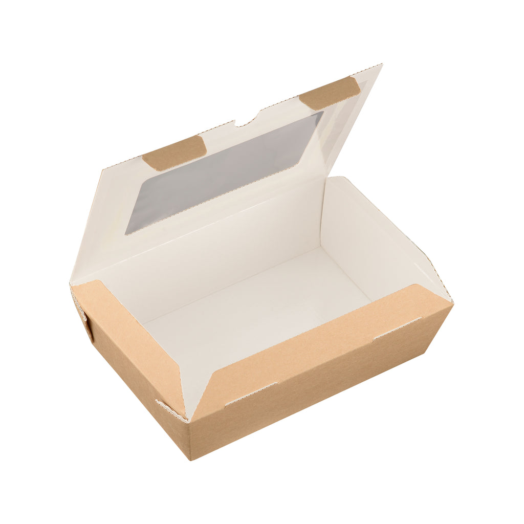 Kraft corrugated window hinged food box 650ml open at 45 degrees, angled view showing white interior and window lid