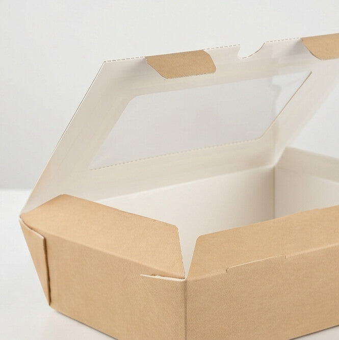 Close-up side view of kraft corrugated window hinged food box 650ml open, showing corrugated texture and interior detail