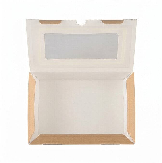 Kraft corrugated window hinged food box 650ml open, straight front view showing white interior and clear window panel