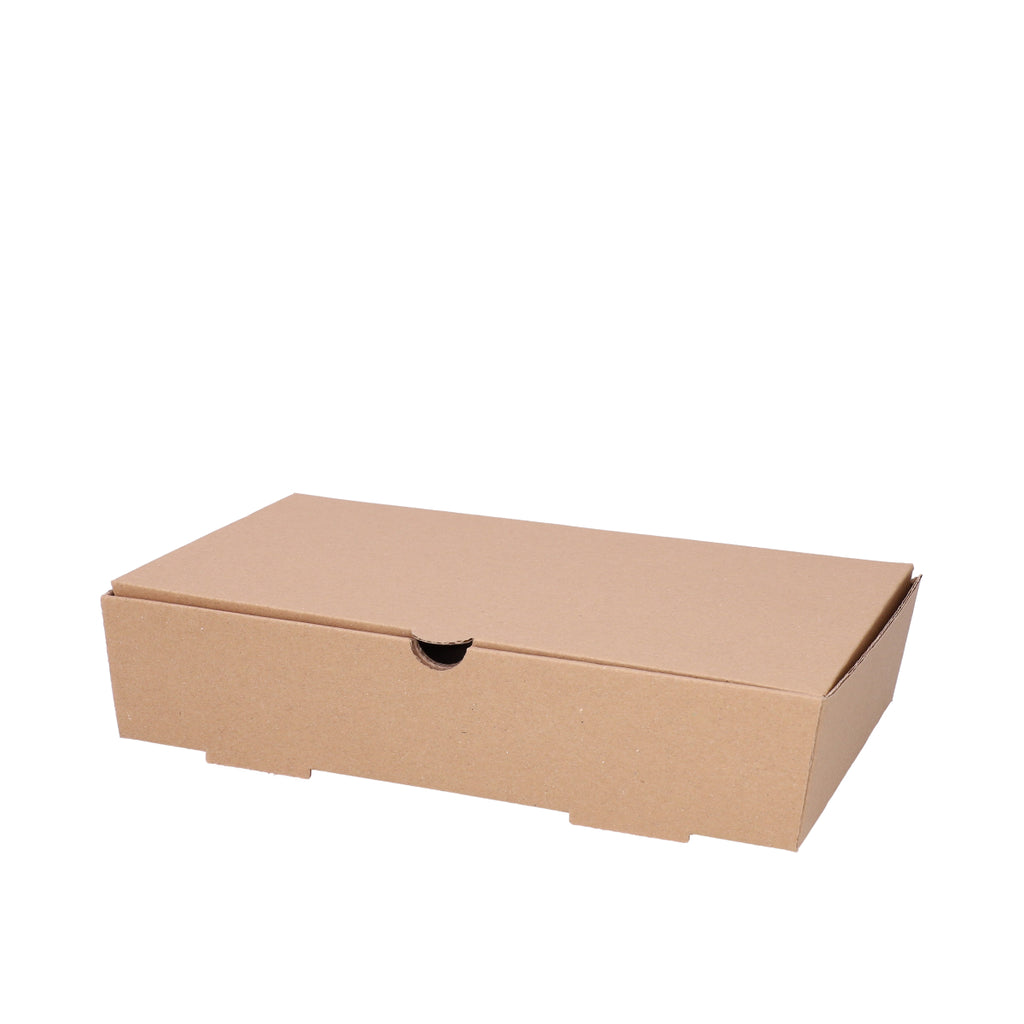 Fish and chips box closed, three-quarter angle view showing natural kraft brown corrugated construction with finger-tab closure on white background
