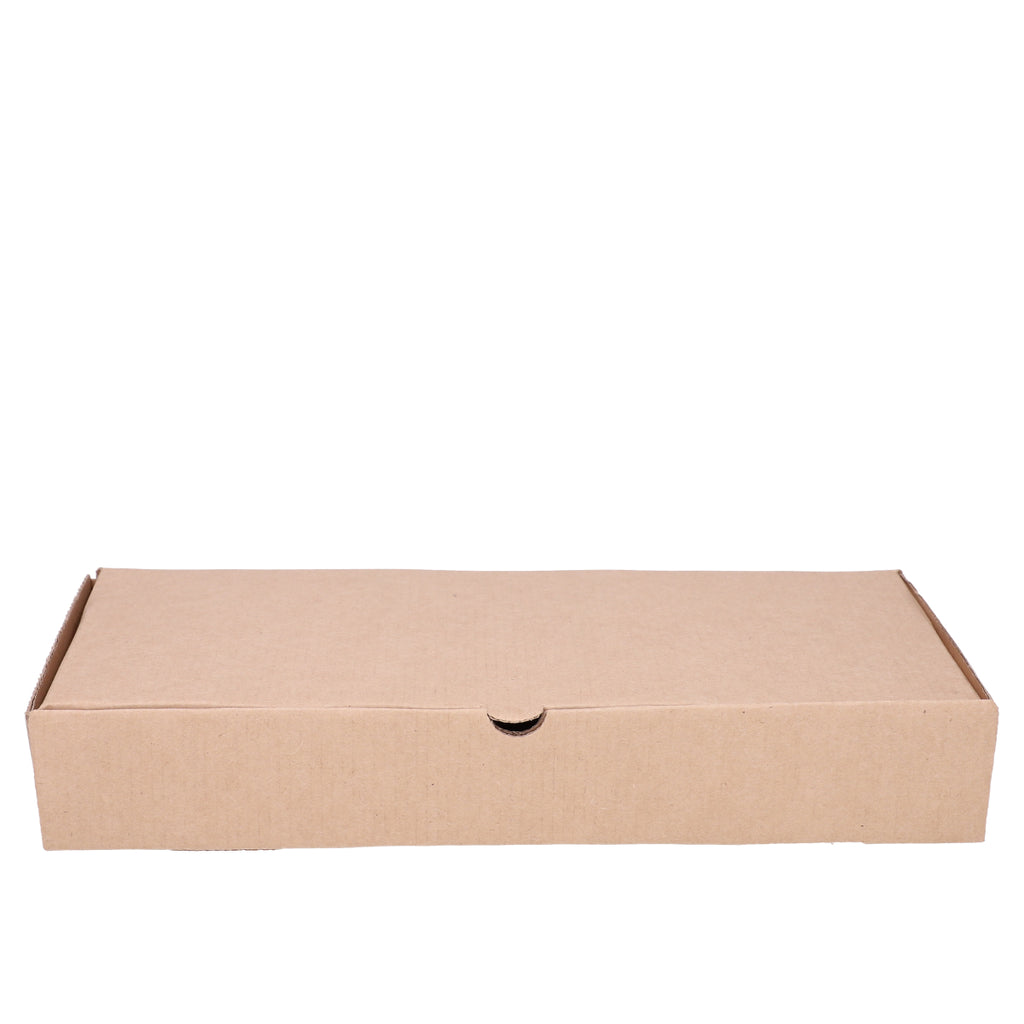 Fish and chips box closed, straight front view showing wide flat natural kraft brown corrugated construction with finger-tab closure on white background