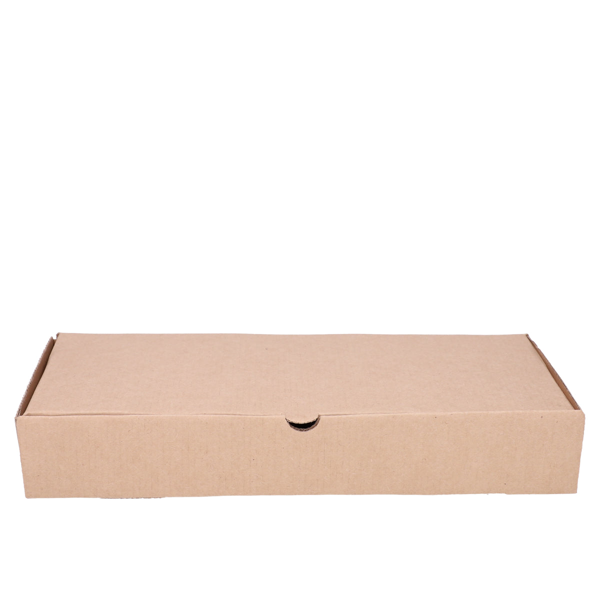 Fish and chips box closed, straight front view showing wide flat natural kraft brown corrugated construction with finger-tab closure on white background