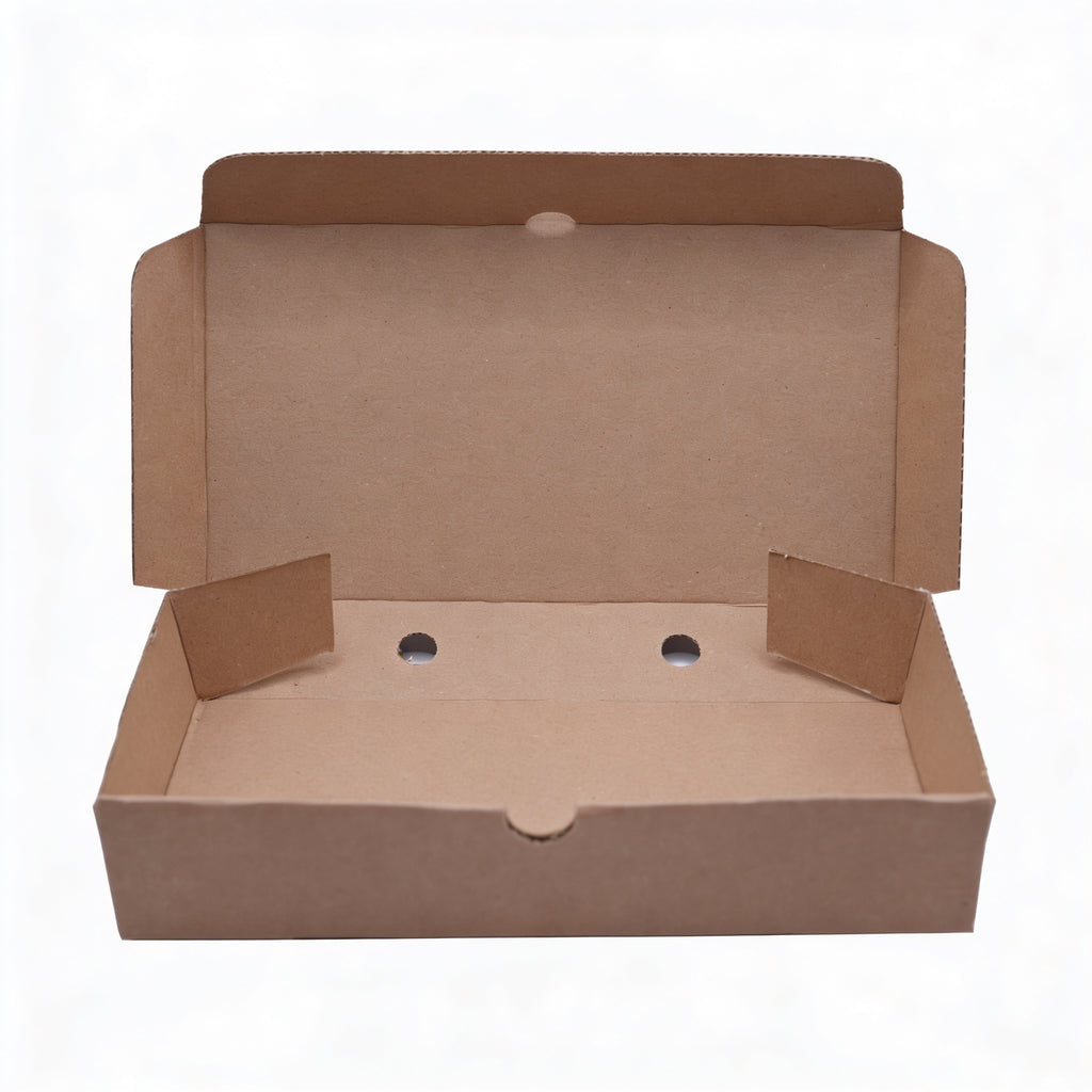 Fish and chips box open, straight front view showing lid fully raised revealing interior with ventilation holes in base and natural kraft brown corrugated construction on white background