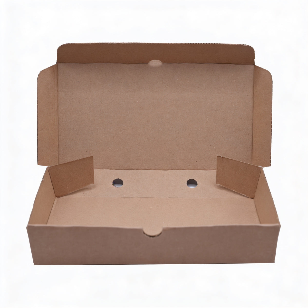 Fish and chips box open, straight front view showing lid fully raised revealing interior with ventilation holes in base and natural kraft brown corrugated construction on white background
