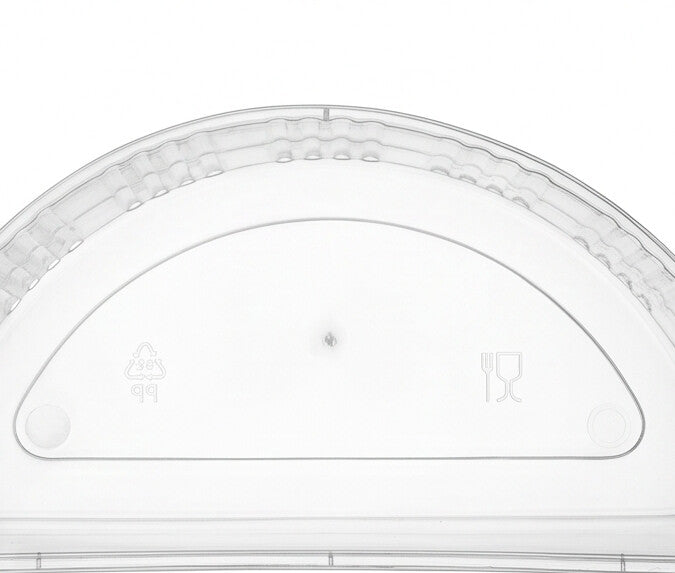 Close-up of the base of a clear half-moon insert tray, showing the PP recycling symbol, food-safe fork-and-glass icon and ribbed sidewall detail.