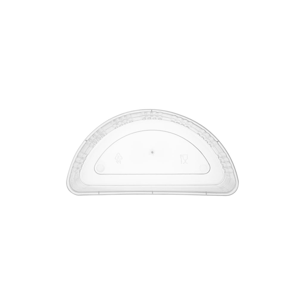 Clear half-moon insert tray viewed from the front, showing the D-shaped body, ribbed sidewalls and rolled rim on a white background.
