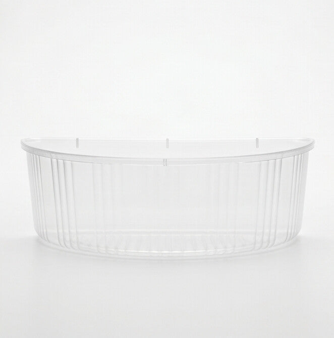 Clear half-moon insert tray viewed from the front, showing the D-shaped body, ribbed sidewalls and rolled rim on a white background.
