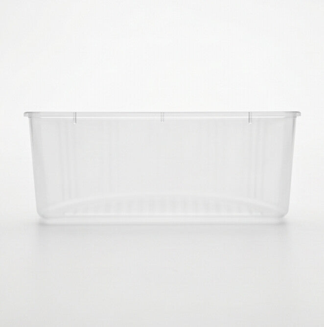 Clear half-moon insert tray viewed from the side, showing the tray depth, tapered ribbed walls and flat straight edge.