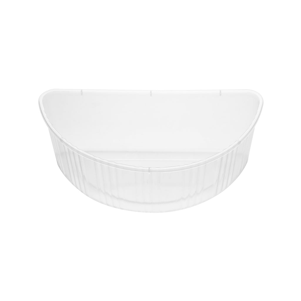Clear half-moon insert tray shown at a three-quarter angle, revealing the open interior and ribbed walls of the half-section tray