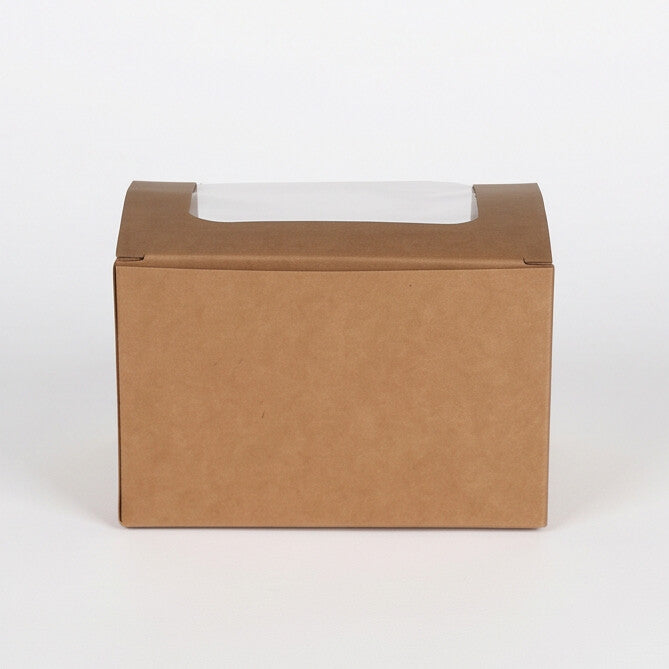 Kraft bloomer sandwich box, straight back view showing plain rectangular kraft panel and curved arched lid of natural kraft brown construction on white background
