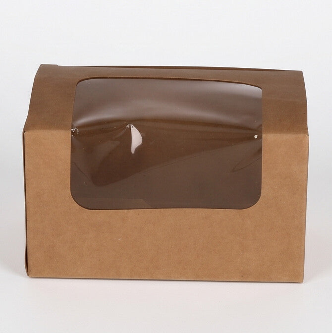Kraft bloomer sandwich box, straight front view showing large clear plastic display window and distinctive curved arched lid of natural kraft brown construction on white background