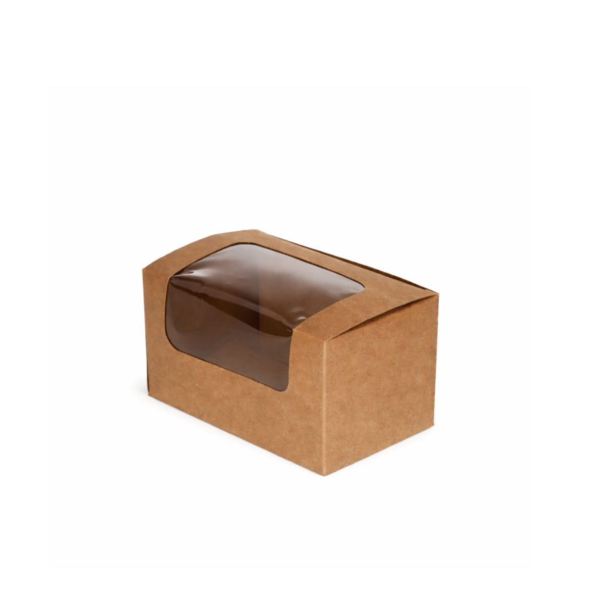 Kraft bloomer sandwich box, straight front view showing large clear plastic display window and distinctive curved arched lid of natural kraft brown construction on white background
