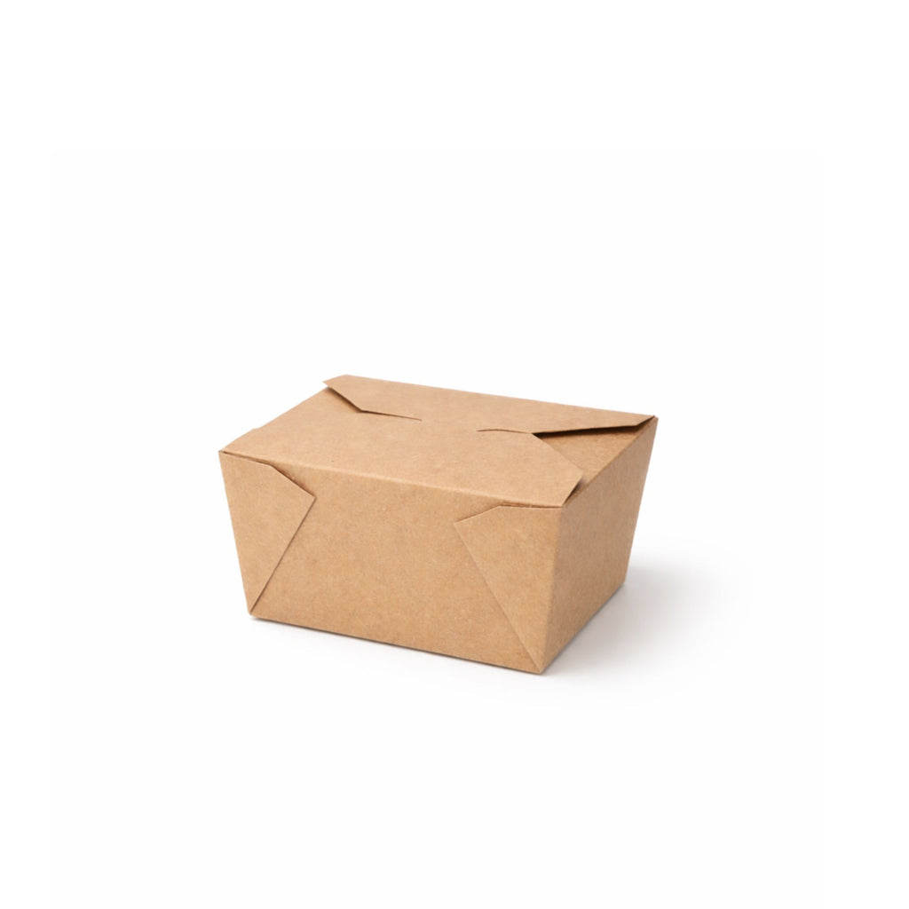 Kraft paper takeaway food container No. 1, three-quarter angle view showing top and side with fold-over flap closed