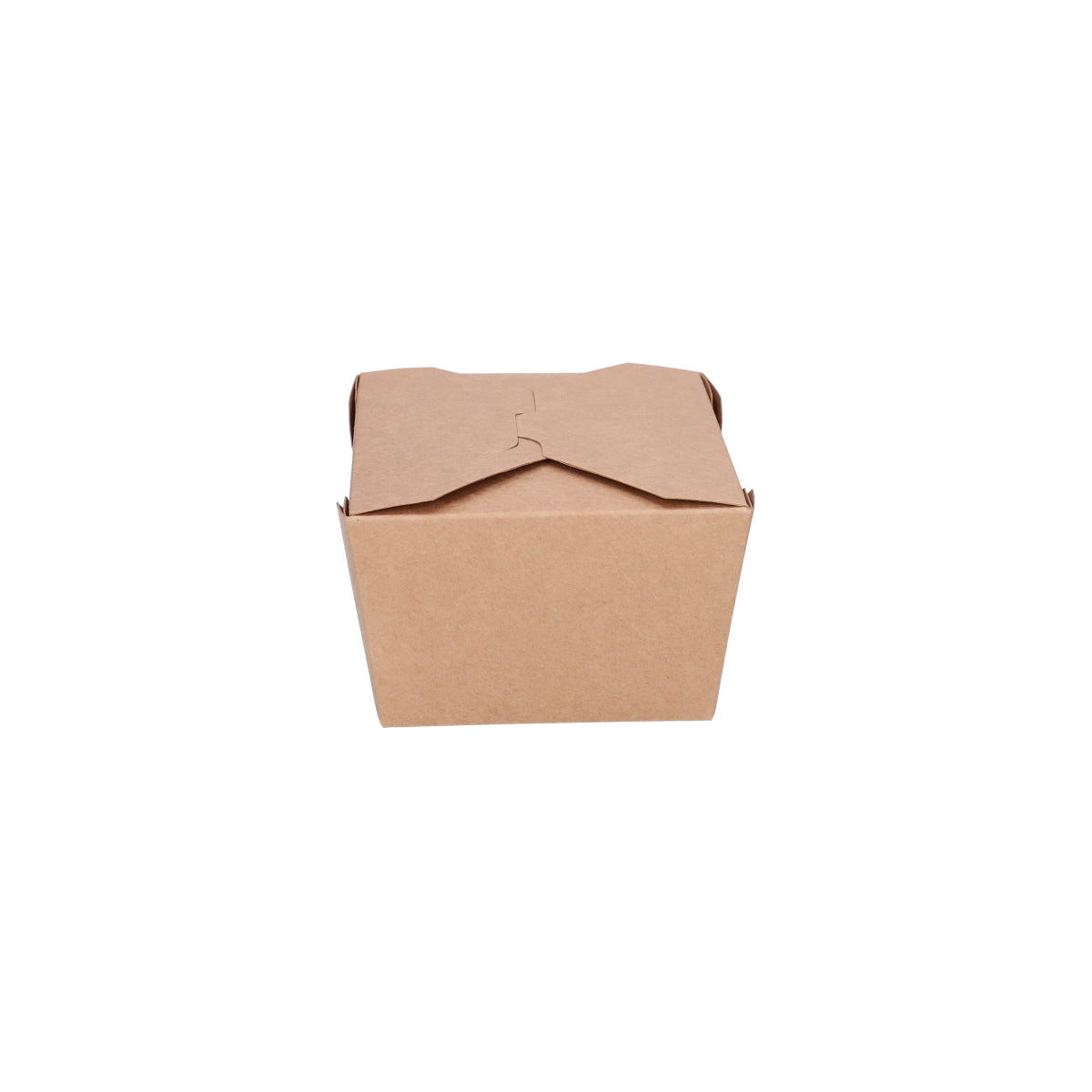 Kraft paper takeaway food container No. 1 closed, top-front view showing fold-over flap lid detail and kraft texture
