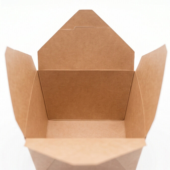 Close-up interior view of kraft paper takeaway food container No. 1 with flaps open, showing food-safe inner lining