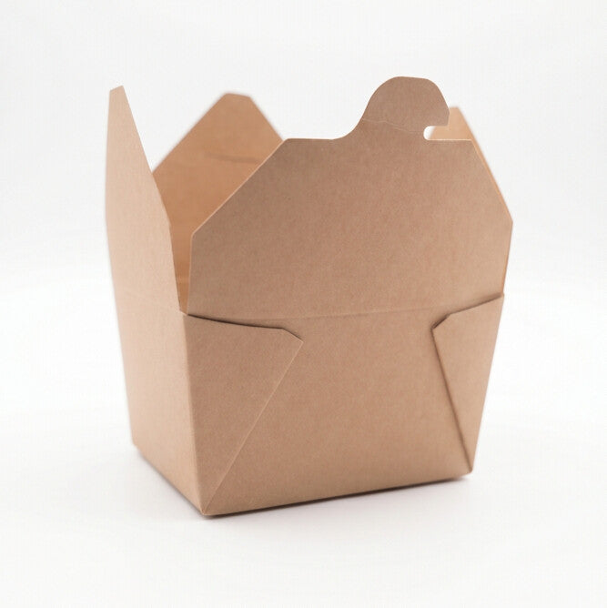 Side view of kraft paper takeaway food container No. 1 with flaps open, showing exterior kraft finish and structural folding